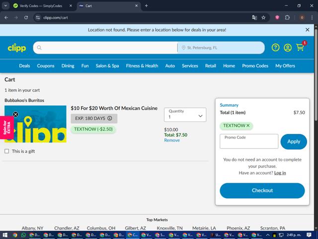 Clipp.com checkout page showing Clipp.com promo code box | Screenshot taken by SimplyCodes community member on Oct 2, 2025