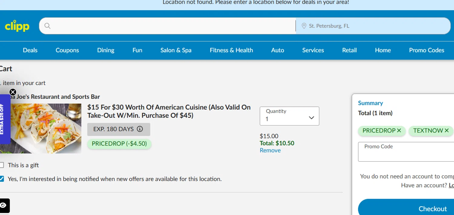 Clipp.com promo code screenshot showing code TEXTNOW applied at Clipp.com checkout page. Uploaded by SimplyCodes community member Olorinnnnn on Nov 30, 2025