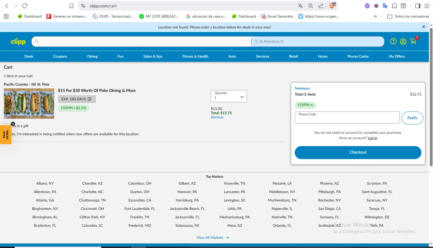 Clipp.com promo code screenshot showing code 15SPIN applied at Clipp.com checkout page. Uploaded by SimplyCodes community member VoucherFalcon3942 on Nov 25, 2025