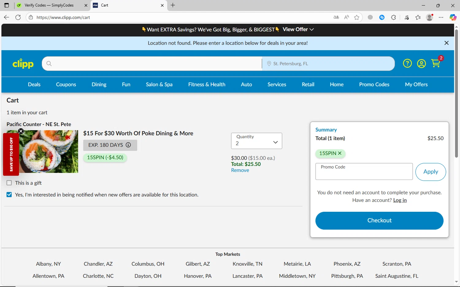 Clipp.com promo code screenshot showing code 15SPIN applied at Clipp.com checkout page. Uploaded by SimplyCodes community member jechtff10 on Nov 14, 2025