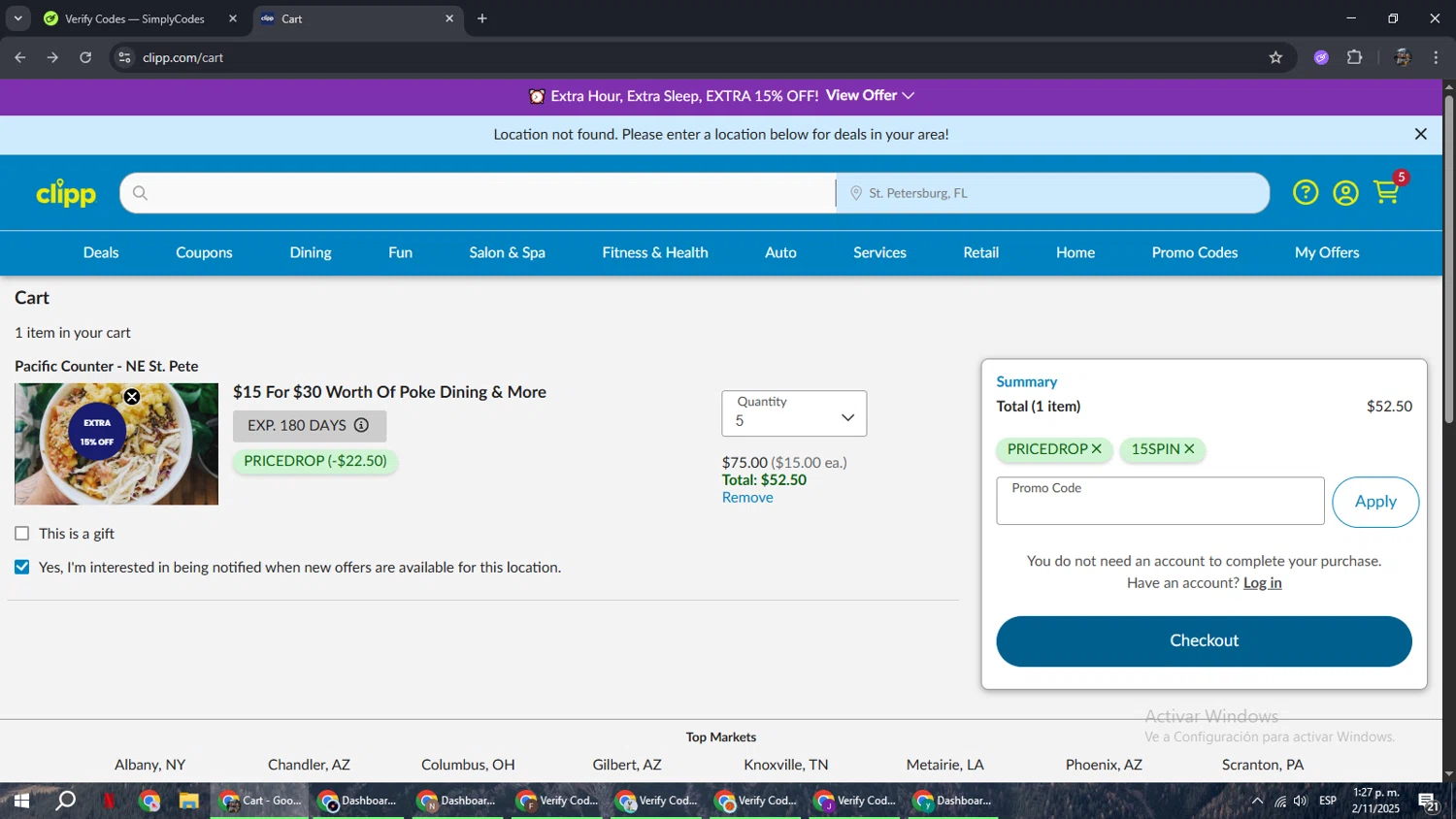 Clipp.com promo code screenshot showing code 15SPIN applied at Clipp.com checkout page. Uploaded by SimplyCodes community member xxdddd on Nov 2, 2025