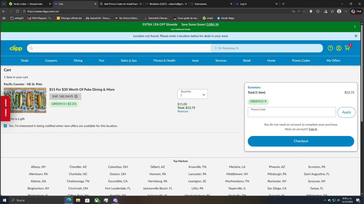 Clipp.com promo code screenshot showing code GREEN15 applied at Clipp.com checkout page. Uploaded by SimplyCodes community member CoinLegend5168 on Dec 12, 2025
