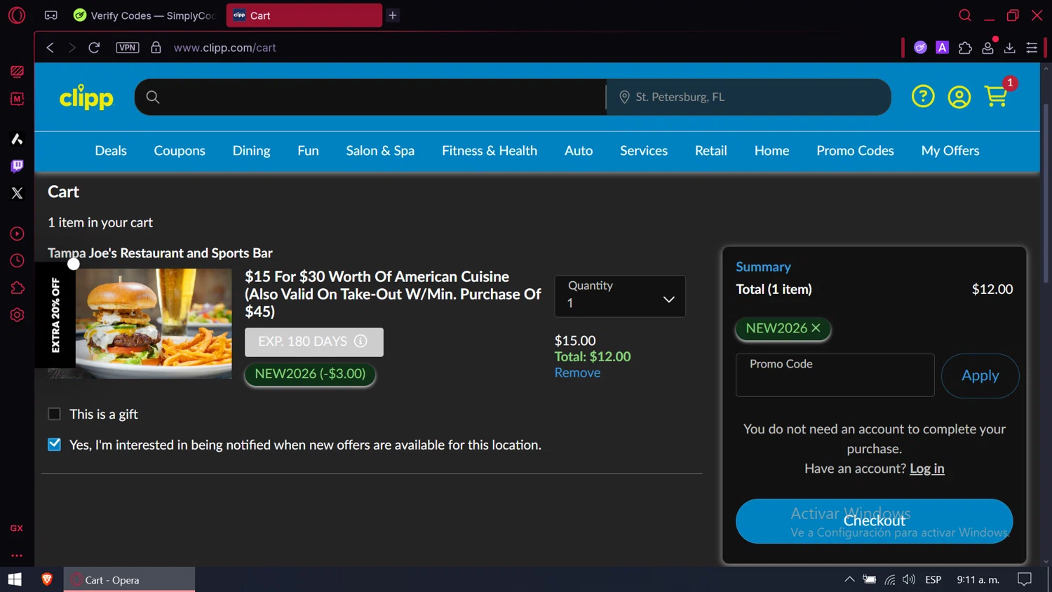 Clipp.com checkout page showing Clipp.com promo code box | Screenshot taken by SimplyCodes community member on Jan 1, 2026