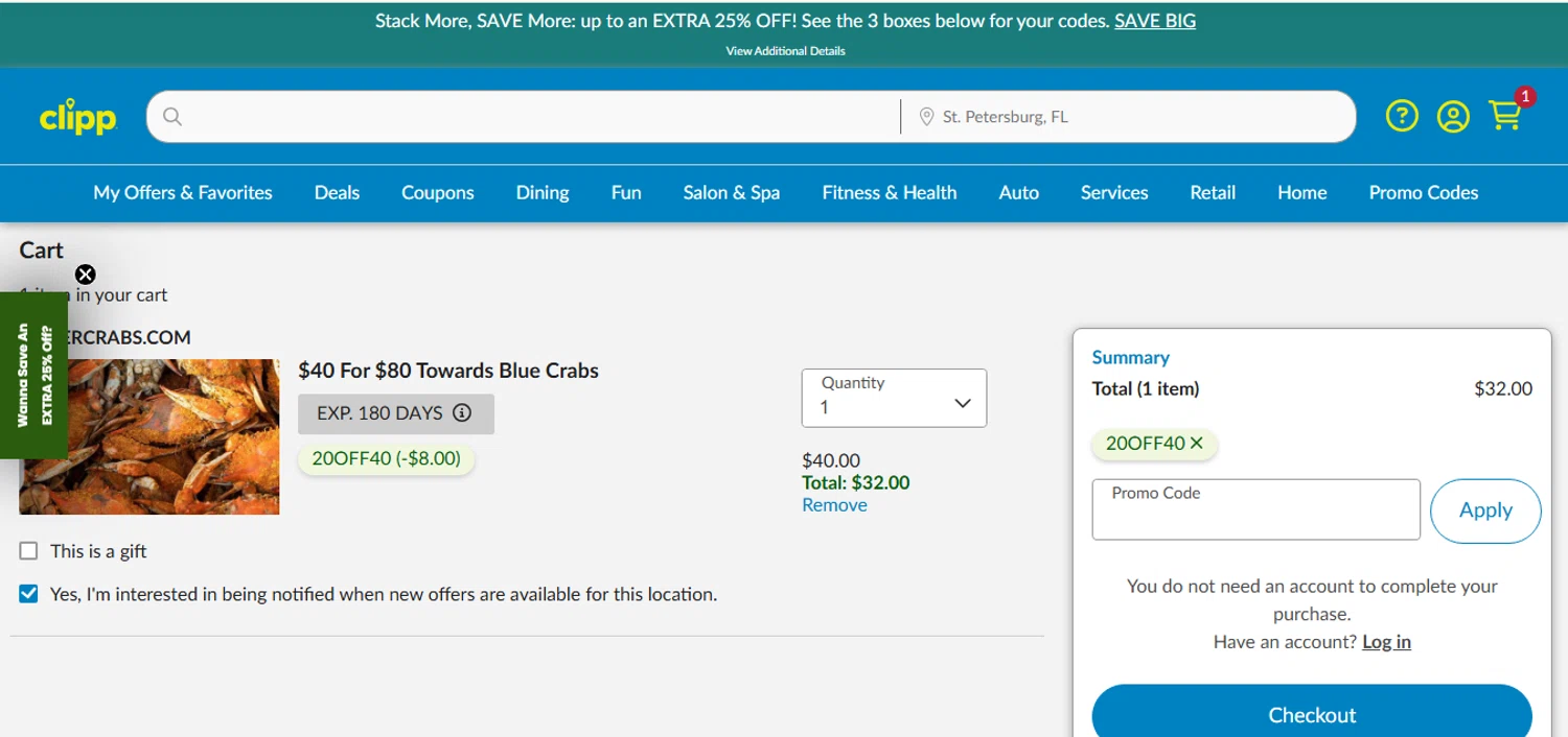 Clipp.com checkout page showing Clipp.com promo code box | Screenshot taken by SimplyCodes community member on Jan 16, 2026