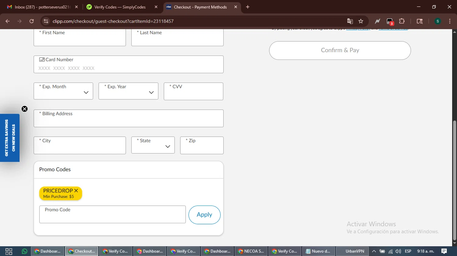 Clipp.com checkout page showing Clipp.com promo code box | Screenshot taken by SimplyCodes community member on Jan 21, 2026
