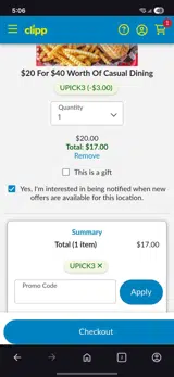 Upick3 coupon verification screenshot