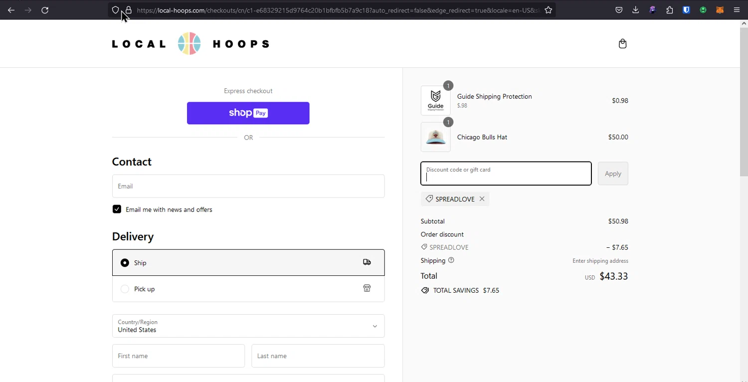 Local Hoops checkout page showing Local Hoops discount code box | Screenshot taken by SimplyCodes community member on Feb 26, 2024