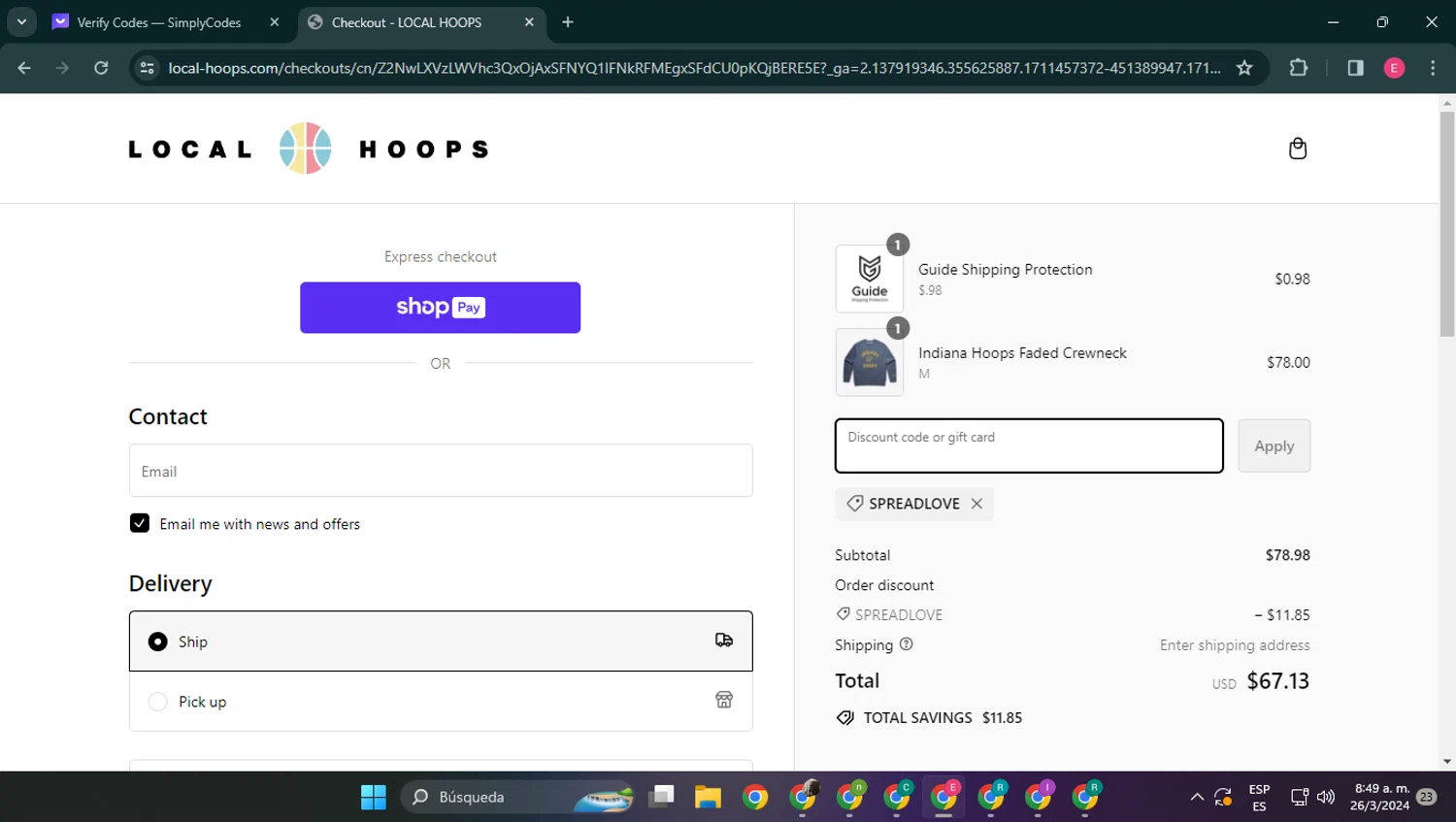 Local Hoops checkout page showing Local Hoops discount code box | Screenshot taken by SimplyCodes community member on Mar 26, 2024