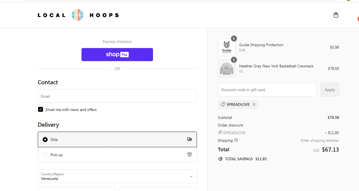 Local Hoops checkout page showing Local Hoops discount code box | Screenshot taken by SimplyCodes community member on May 23, 2024