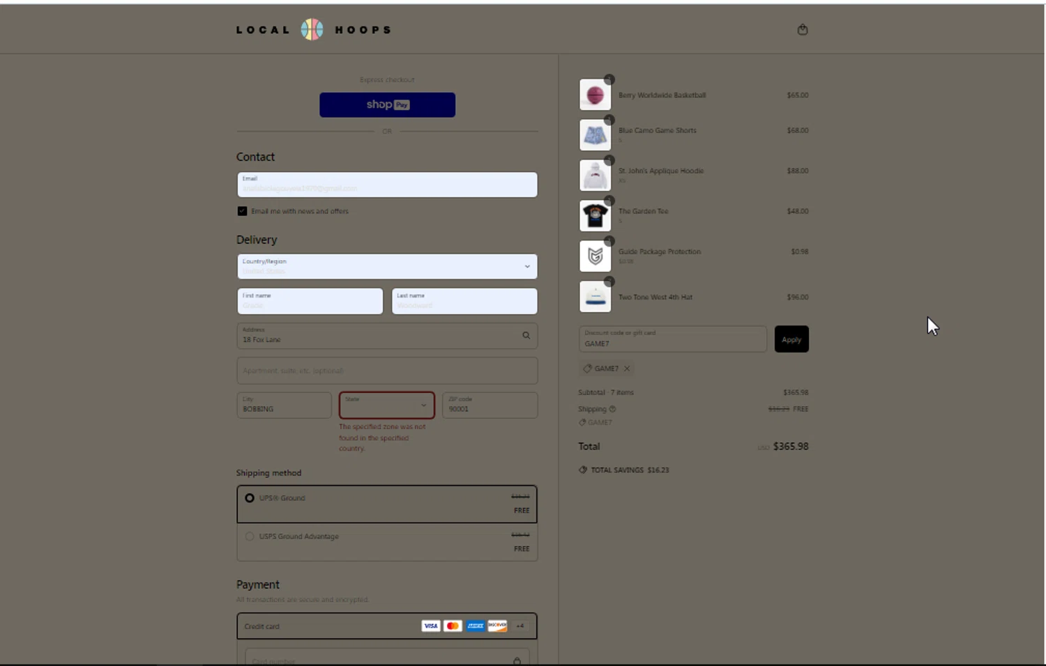 Local Hoops discount code screenshot showing code GAME7 applied at Local Hoops checkout page. Uploaded by SimplyCodes community member IFeelGood3 on Jun 21, 2025
