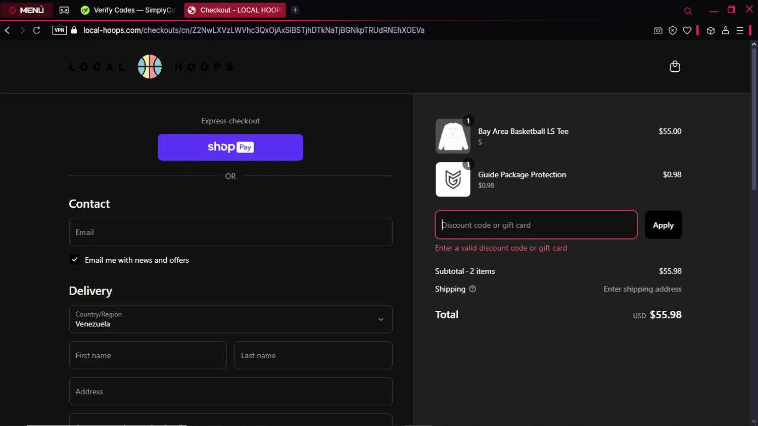 Local Hoops discount code screenshot showing code JOHNNIES applied at Local Hoops checkout page. Uploaded by SimplyCodes community member KeiJJ18 on Mar 20, 2025