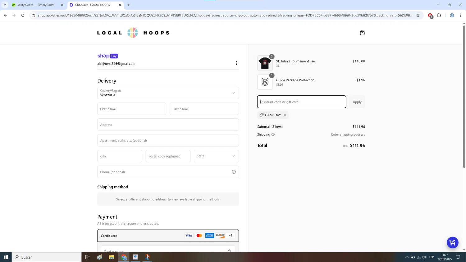 Local Hoops checkout page showing Local Hoops discount code box | Screenshot taken by SimplyCodes community member on Mar 22, 2025
