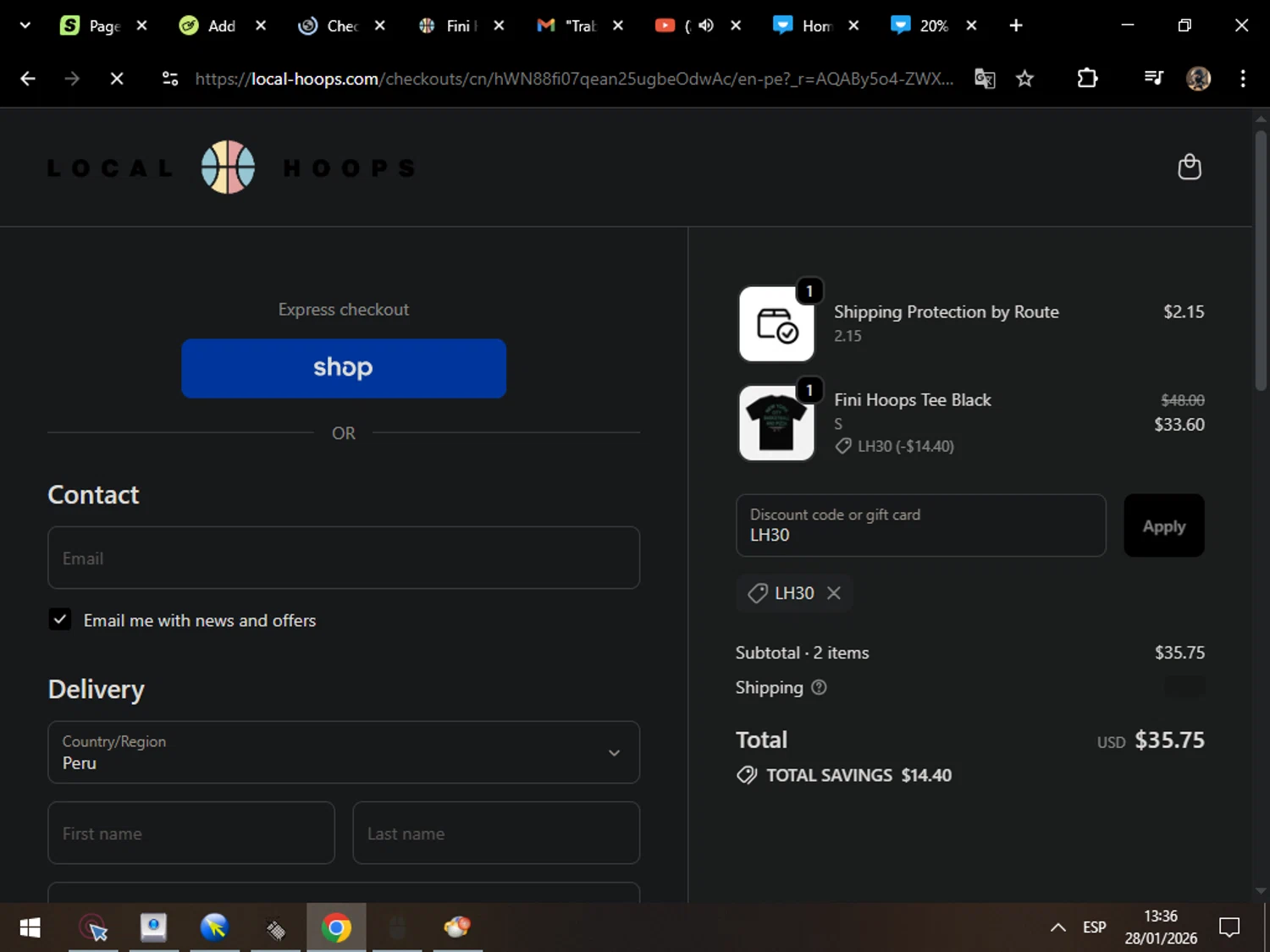 Local Hoops discount code screenshot showing code LH30 applied at Local Hoops checkout page. Uploaded by SimplyCodes community member MarcosAranguren on Jan 28, 2026
