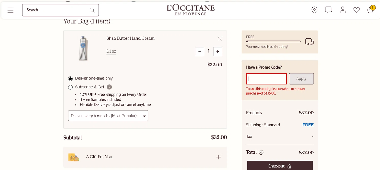 L'Occitane checkout page showing L'Occitane discount code box | Screenshot taken by SimplyCodes community member on Dec 14, 2025
