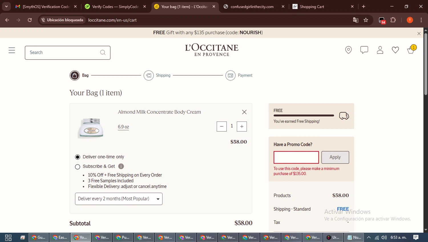 L'Occitane checkout page showing L'Occitane discount code box | Screenshot taken by SimplyCodes community member on Feb 24, 2026