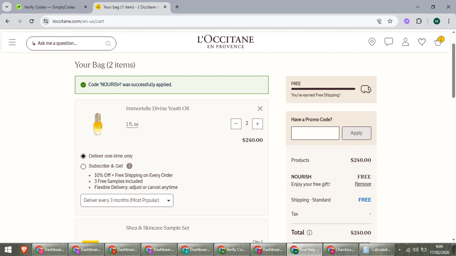 L'Occitane discount code screenshot showing code NOURISH applied at L'Occitane checkout page. Uploaded by SimplyCodes community member suieeloves on Feb 17, 2026