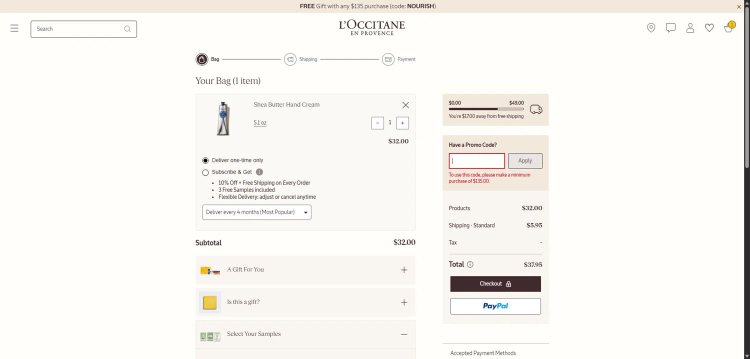 L'Occitane discount code screenshot showing code SURPRISE applied at L'Occitane checkout page. Uploaded by SimplyCodes community member SavvyLion5780 on Dec 5, 2025