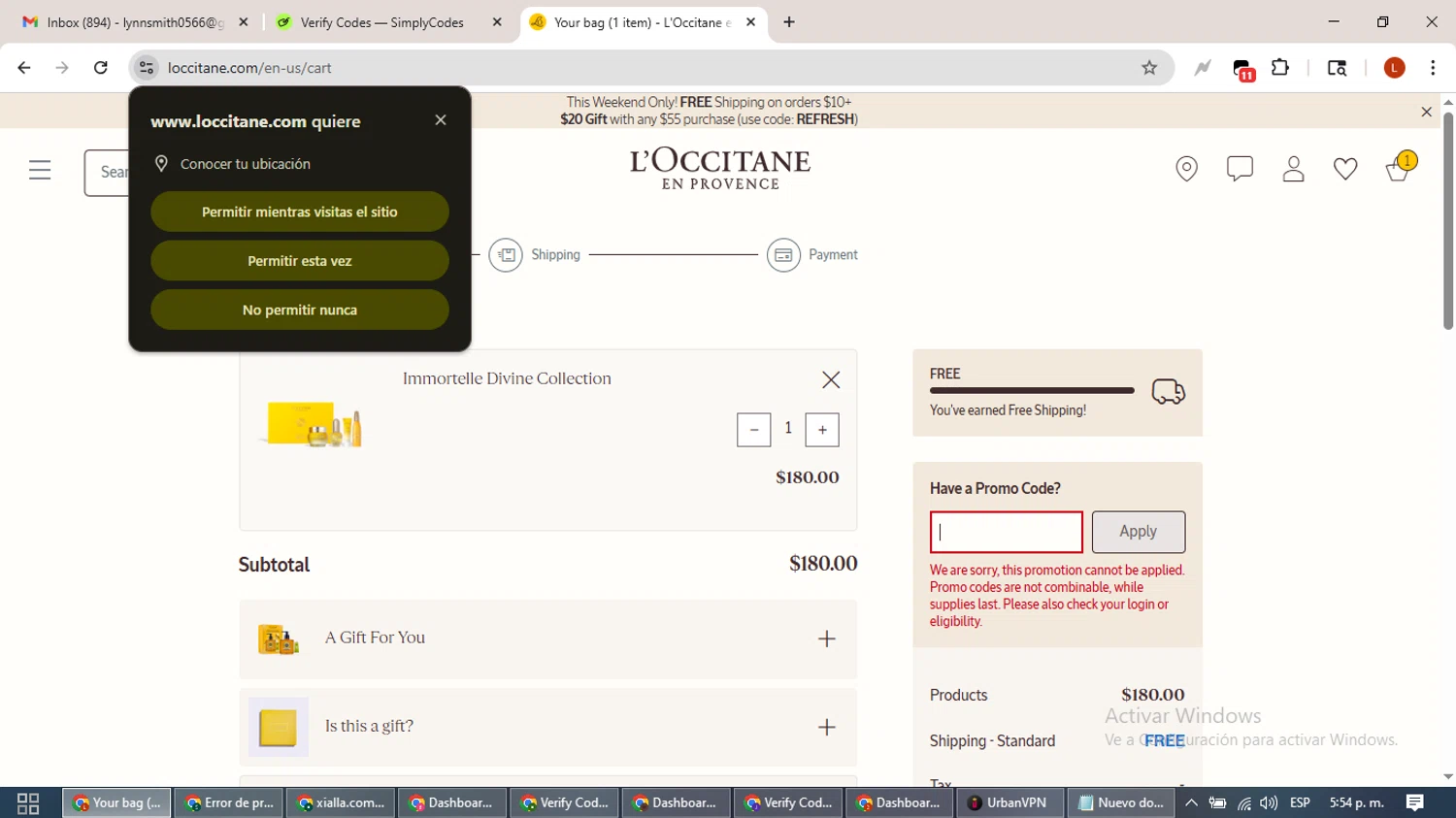 L'Occitane checkout page showing L'Occitane discount code box | Screenshot taken by SimplyCodes community member on Dec 13, 2025