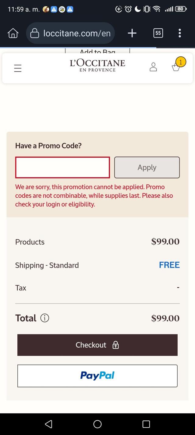 L'Occitane checkout page showing L'Occitane discount code box | Screenshot taken by SimplyCodes community member on Sep 24, 2025