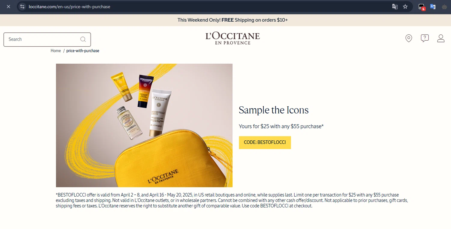 L'Occitane discount code screenshot showing code BESTOFLOCCI applied at L'Occitane checkout page. Uploaded by SimplyCodes community member Gaby04 on Apr 26, 2025