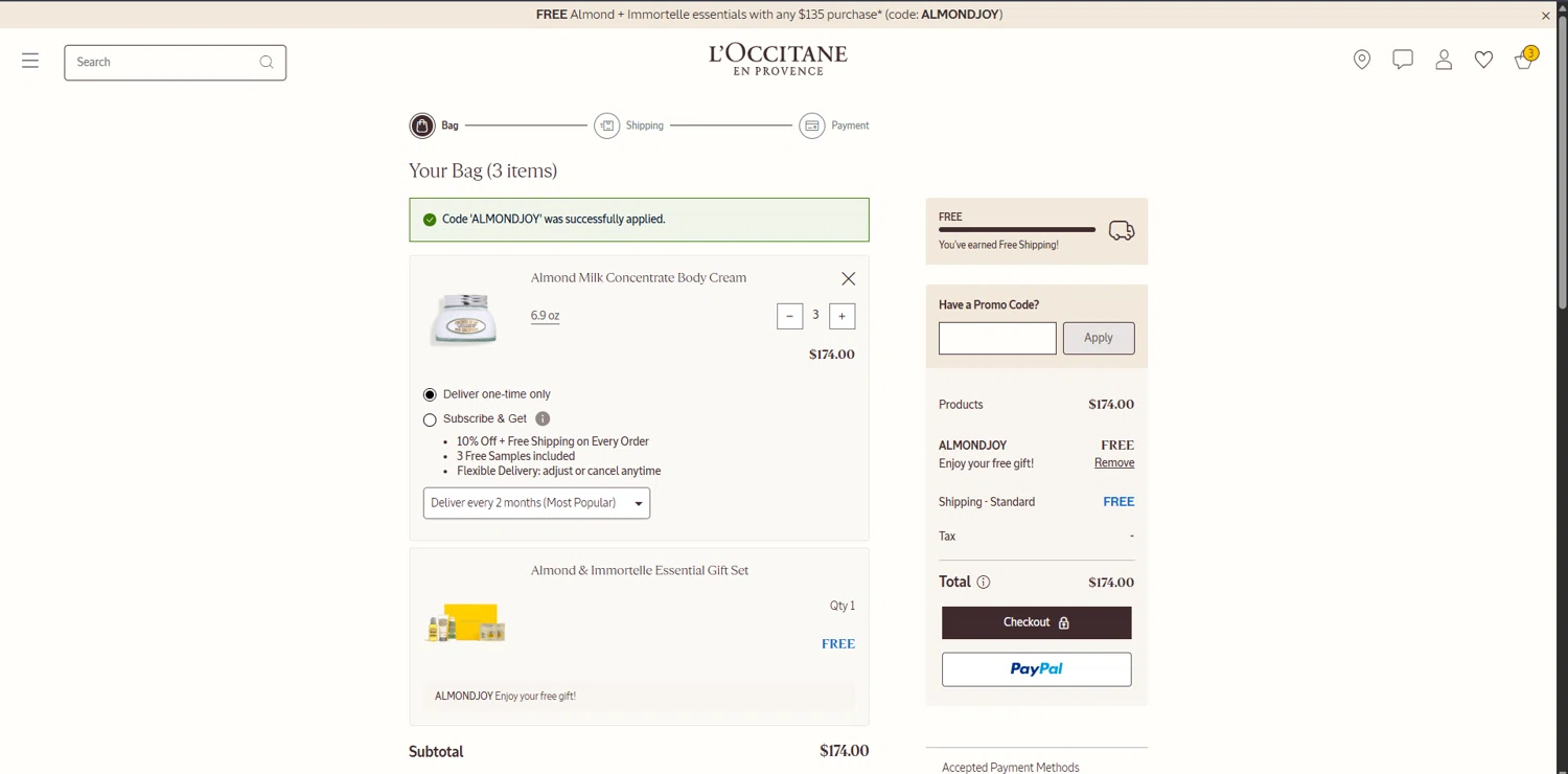 L'Occitane checkout page showing L'Occitane discount code box | Screenshot taken by SimplyCodes community member on Dec 16, 2025