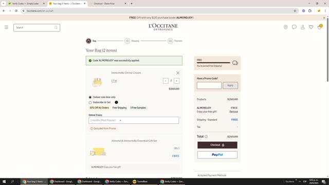 L'Occitane checkout page showing L'Occitane discount code box | Screenshot taken by SimplyCodes community member on Sep 29, 2025