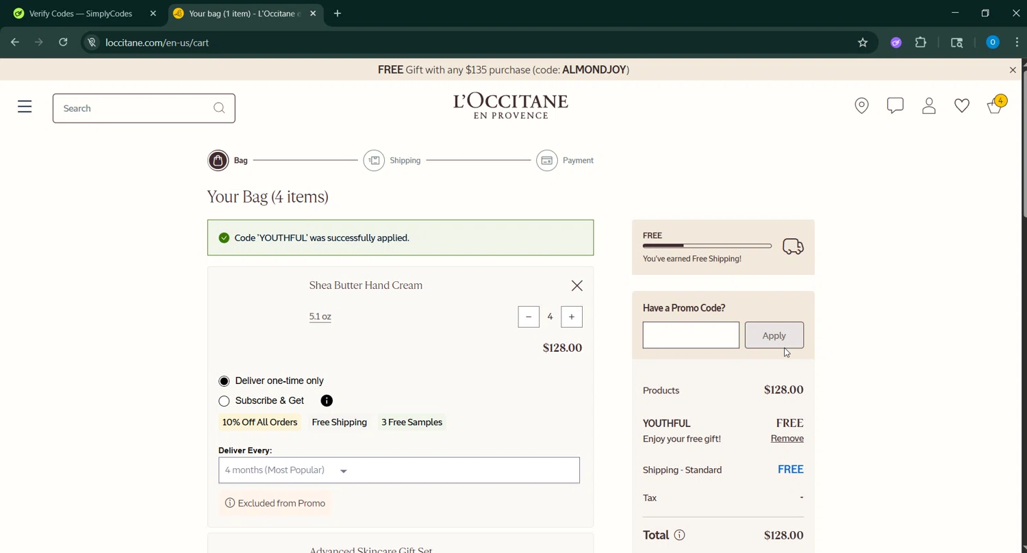 L'Occitane discount code screenshot showing code YOUTHFUL applied at L'Occitane checkout page. Uploaded by SimplyCodes community member GoldAdmiral5202 on Sep 7, 2025
