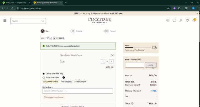 L'Occitane checkout page showing L'Occitane discount code box | Screenshot taken by SimplyCodes community member on Sep 7, 2025