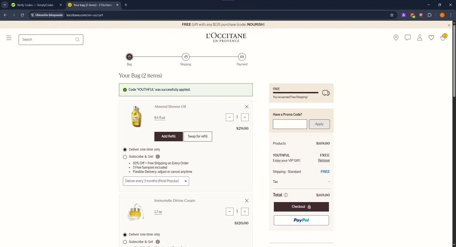 Verification screenshot for Free Gift Select Items (minimum Order $200) at L'Occitane — 2mo ago