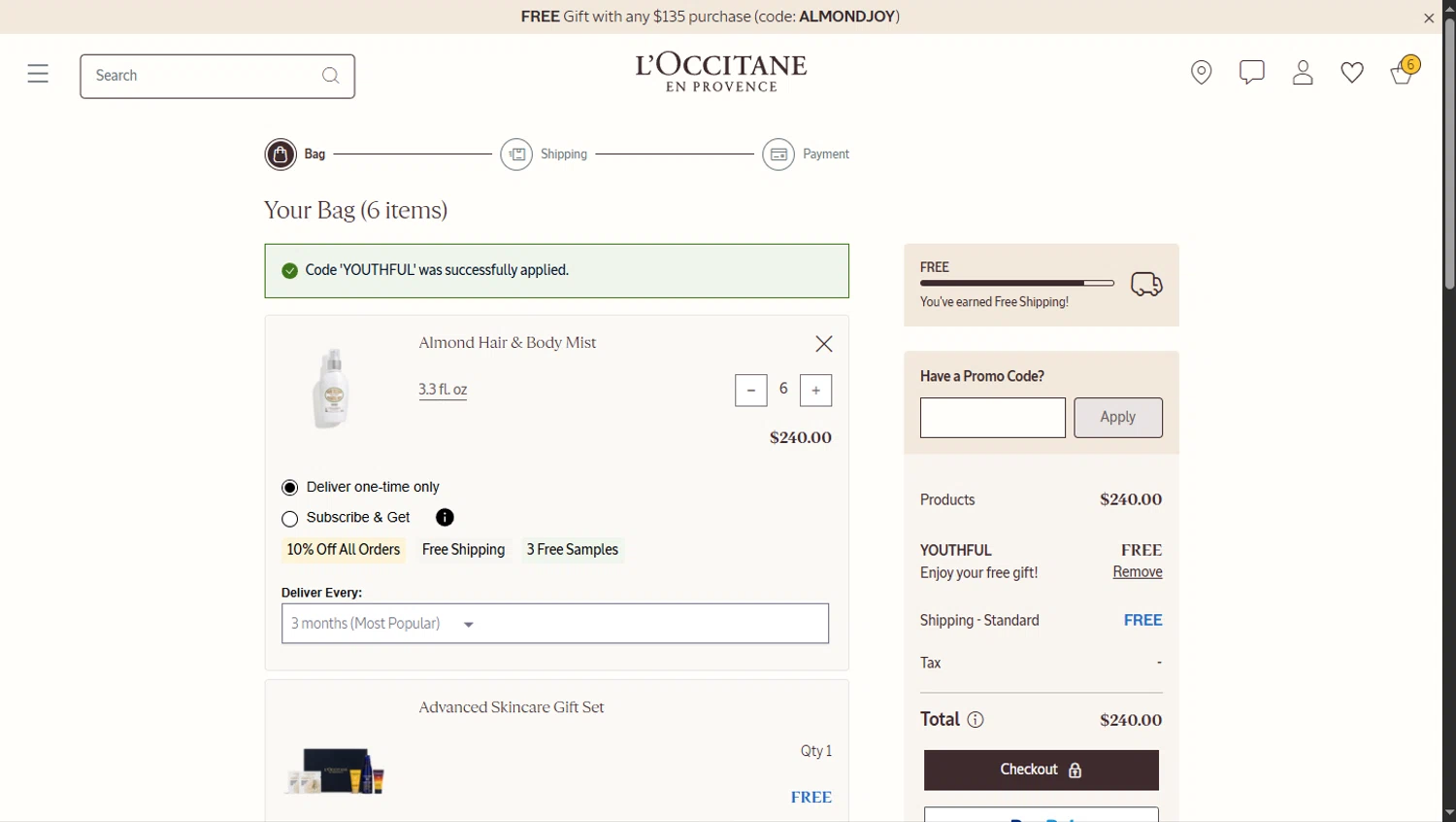 L'Occitane discount code screenshot showing code YOUTHFUL applied at L'Occitane checkout page. Uploaded by SimplyCodes community member TokioMiller on Aug 16, 2025