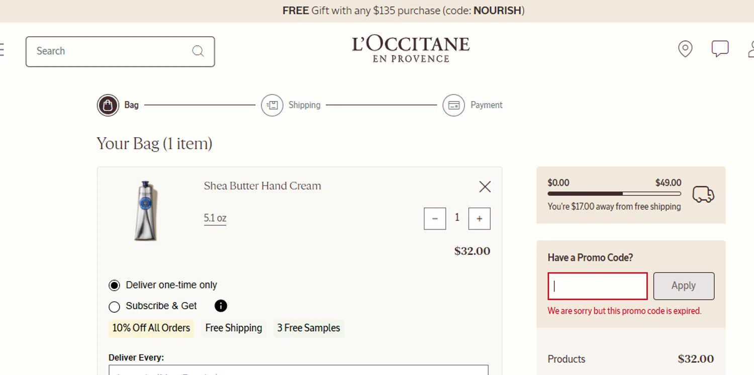 L'Occitane discount code screenshot showing code YOUTHFUL applied at L'Occitane checkout page. Uploaded by SimplyCodes community member leiraM on Oct 8, 2025