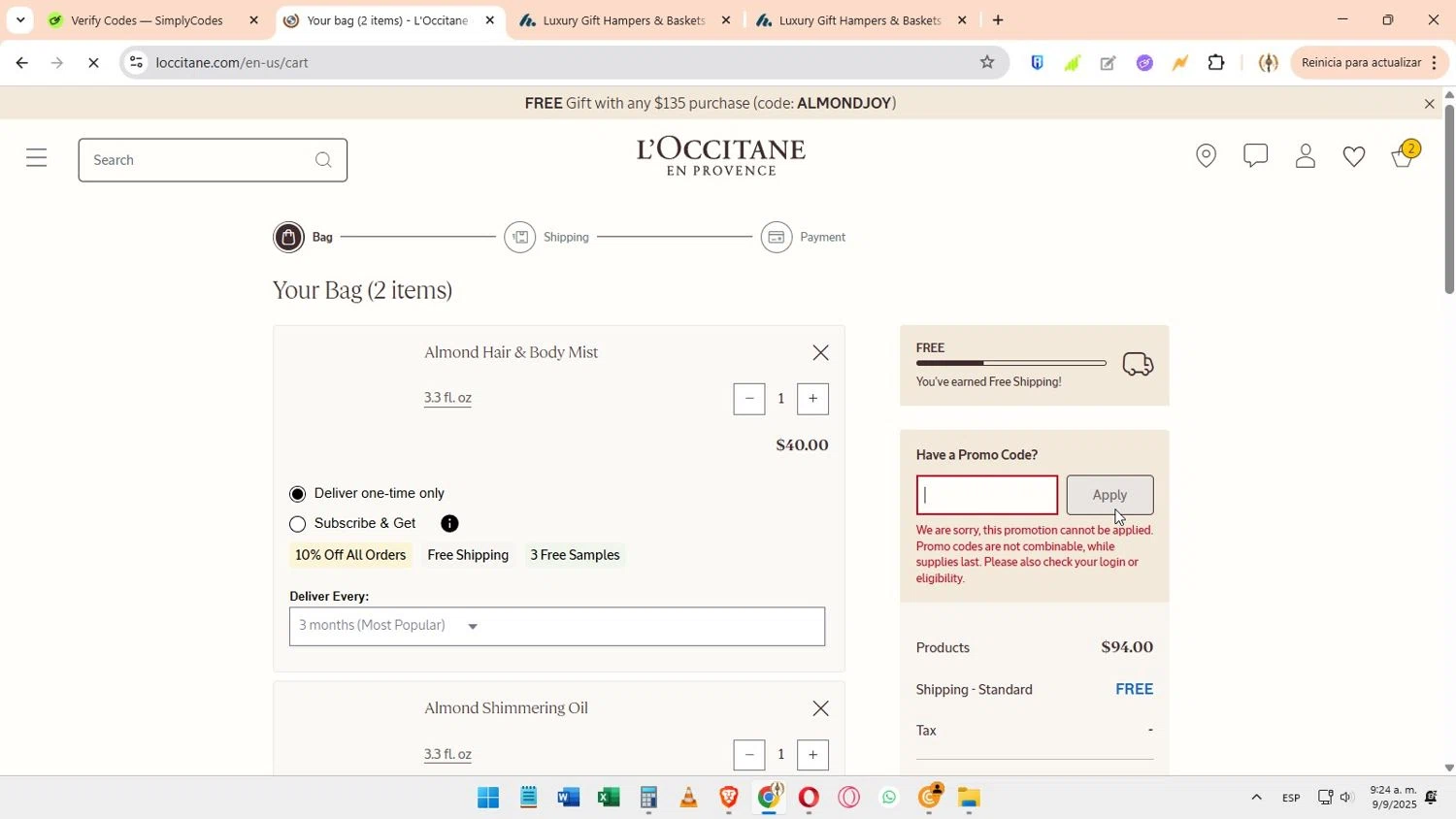 L'Occitane discount code screenshot showing code FLOWERS applied at L'Occitane checkout page. Uploaded by SimplyCodes community member Elimix on Sep 9, 2025