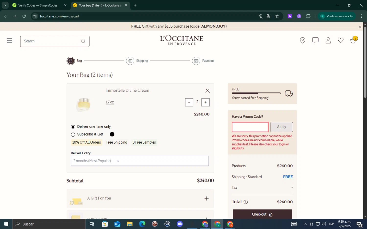 L'Occitane discount code screenshot showing code FLOWERS applied at L'Occitane checkout page. Uploaded by SimplyCodes community member ValueExpert7524 on Sep 9, 2025