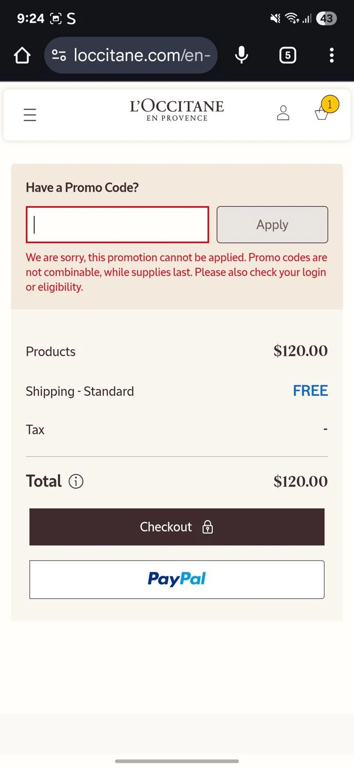 L'Occitane discount code screenshot showing code FLOWERS applied at L'Occitane checkout page. Uploaded by SimplyCodes community member VoucherSpotter7661 on Sep 9, 2025