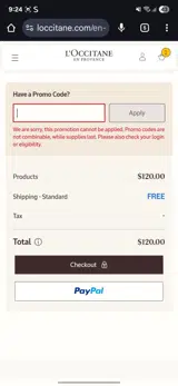 L'Occitane coupon verification screenshot