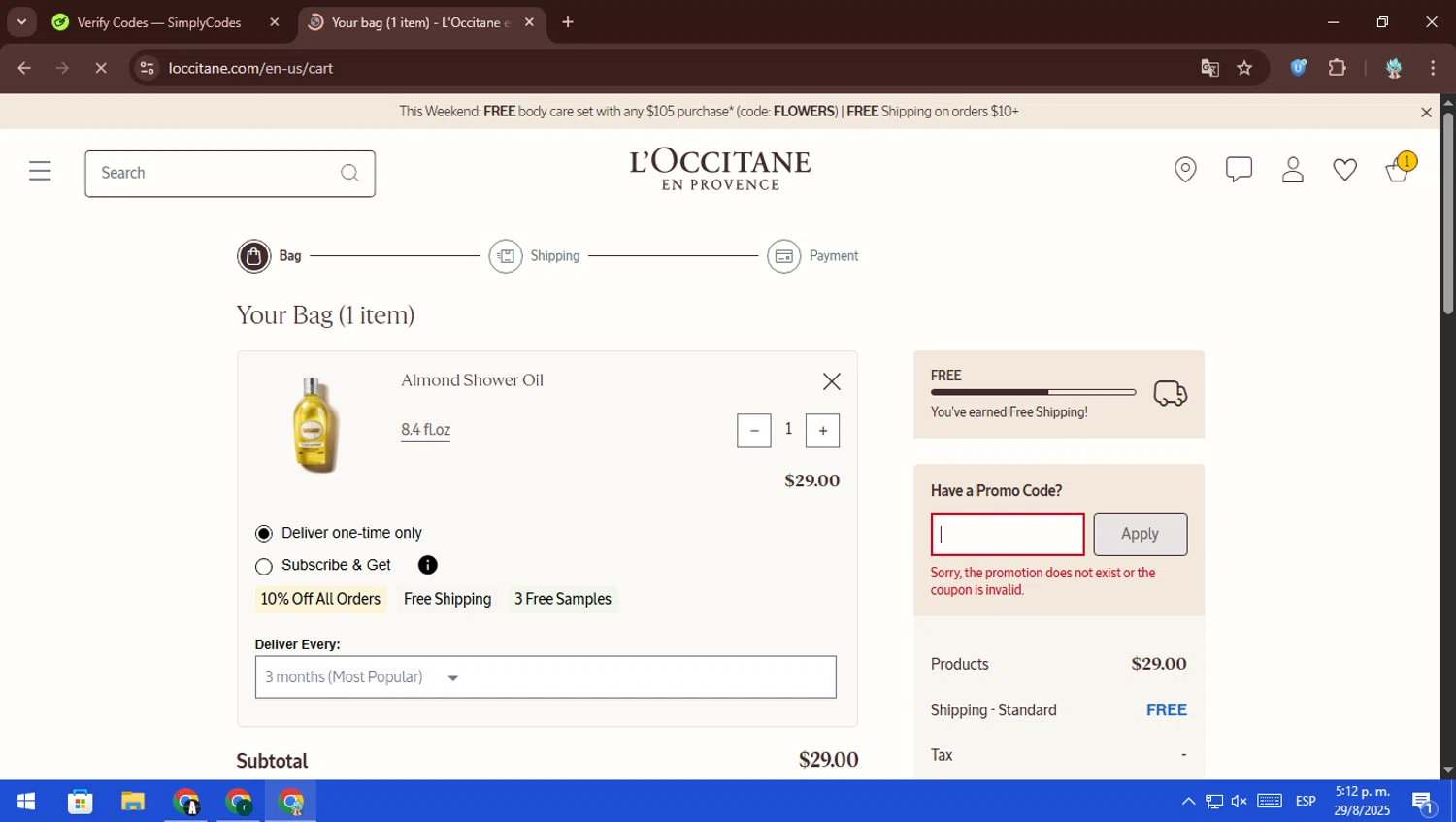 L'Occitane discount code screenshot showing code NEW15 applied at L'Occitane checkout page. Uploaded by SimplyCodes community member ScanFalcon6148 on Aug 29, 2025