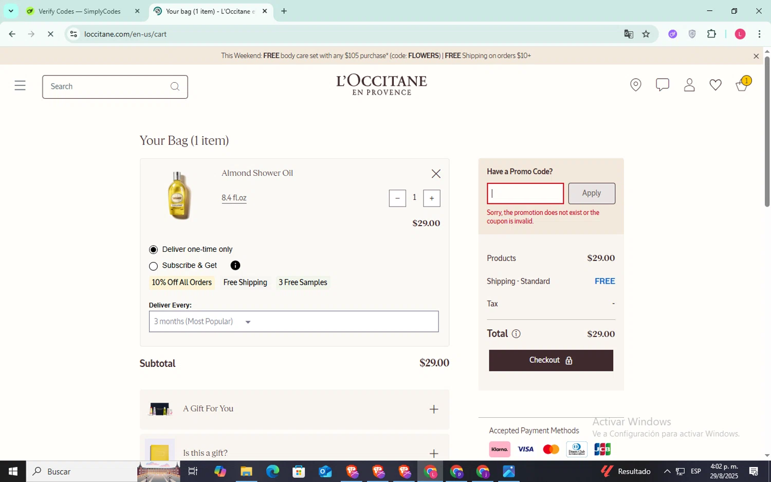 L'Occitane discount code screenshot showing code NEW15 applied at L'Occitane checkout page. Uploaded by SimplyCodes community member SilverFox3257 on Aug 29, 2025