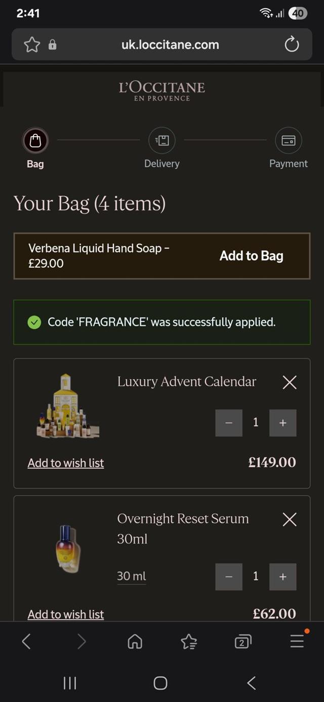 L'Occitane checkout page showing L'Occitane discount code box | Screenshot taken by SimplyCodes community member on Oct 3, 2025