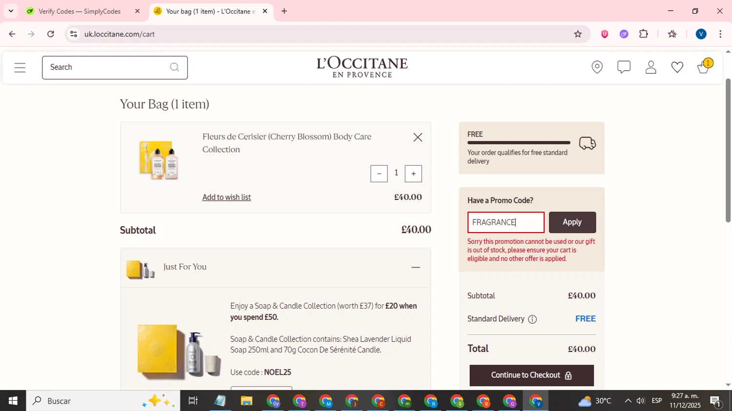 L'Occitane checkout page showing L'Occitane discount code box | Screenshot taken by SimplyCodes community member on Dec 11, 2025