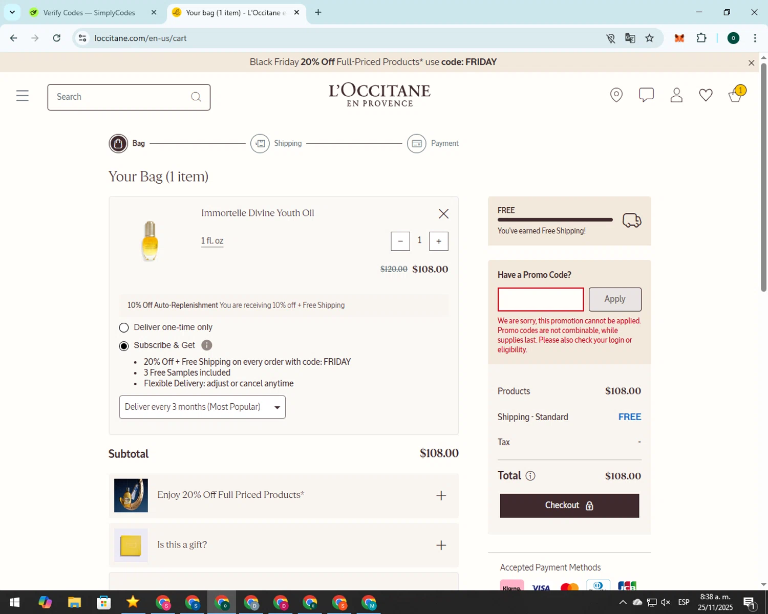 L'Occitane discount code screenshot showing code ILLUMINATE applied at L'Occitane checkout page. Uploaded by SimplyCodes community member 00000008 on Nov 25, 2025
