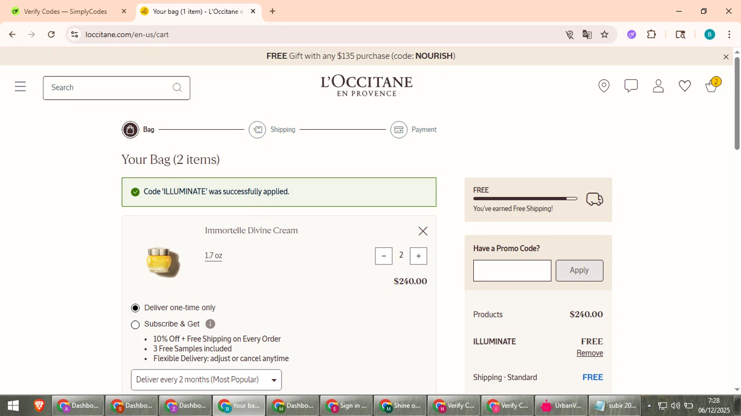 L'Occitane discount code screenshot showing code ILLUMINATE applied at L'Occitane checkout page. Uploaded by SimplyCodes community member QuestScholar5572 on Dec 6, 2025