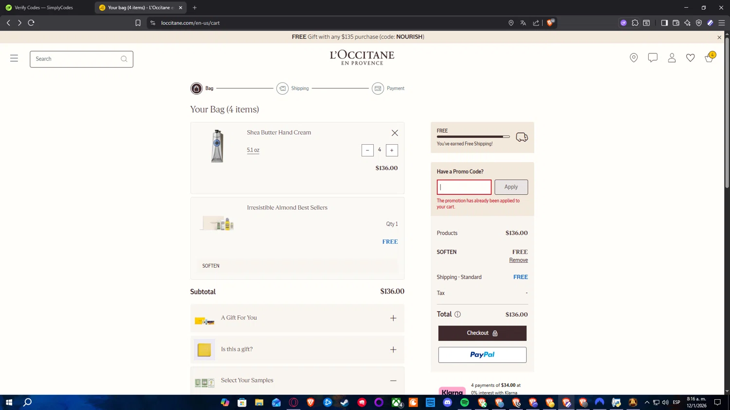L'Occitane discount code screenshot showing code SOFTEN applied at L'Occitane checkout page. Uploaded by SimplyCodes community member ElPelao on Jan 12, 2026
