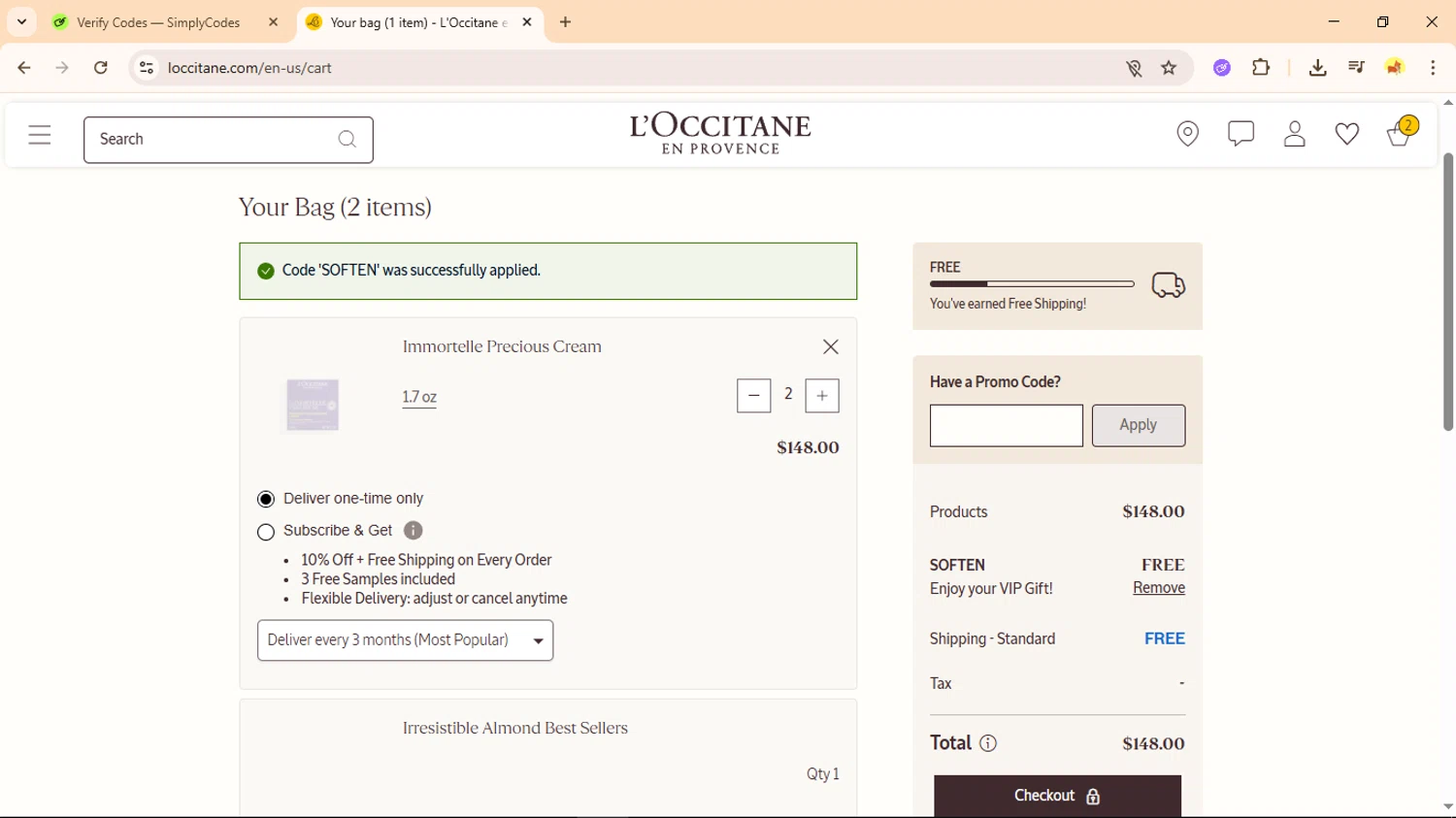 L'Occitane checkout page showing L'Occitane discount code box | Screenshot taken by SimplyCodes community member on Feb 25, 2026