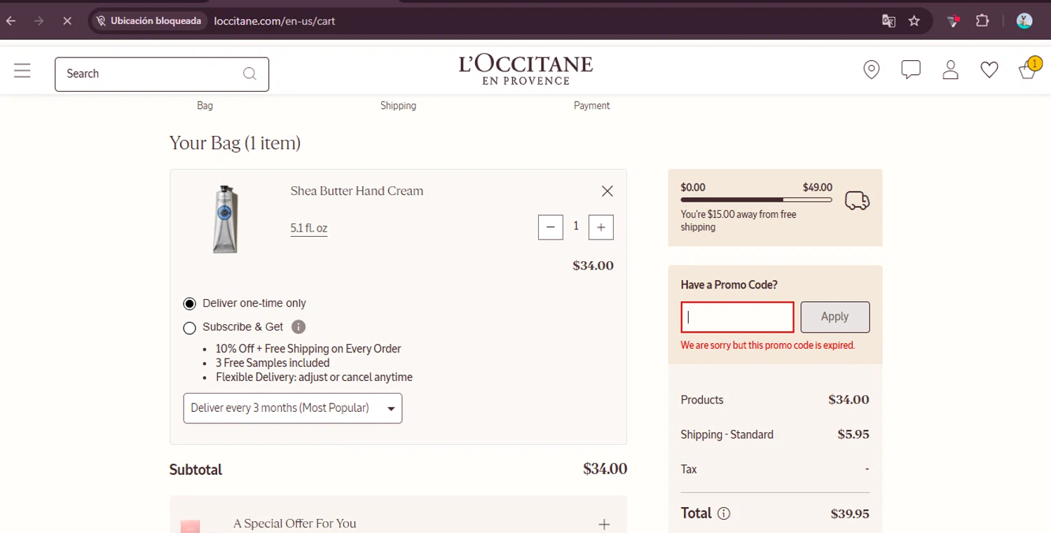 Verification screenshot for Free Gift Storewide at L'Occitane — 2mo ago