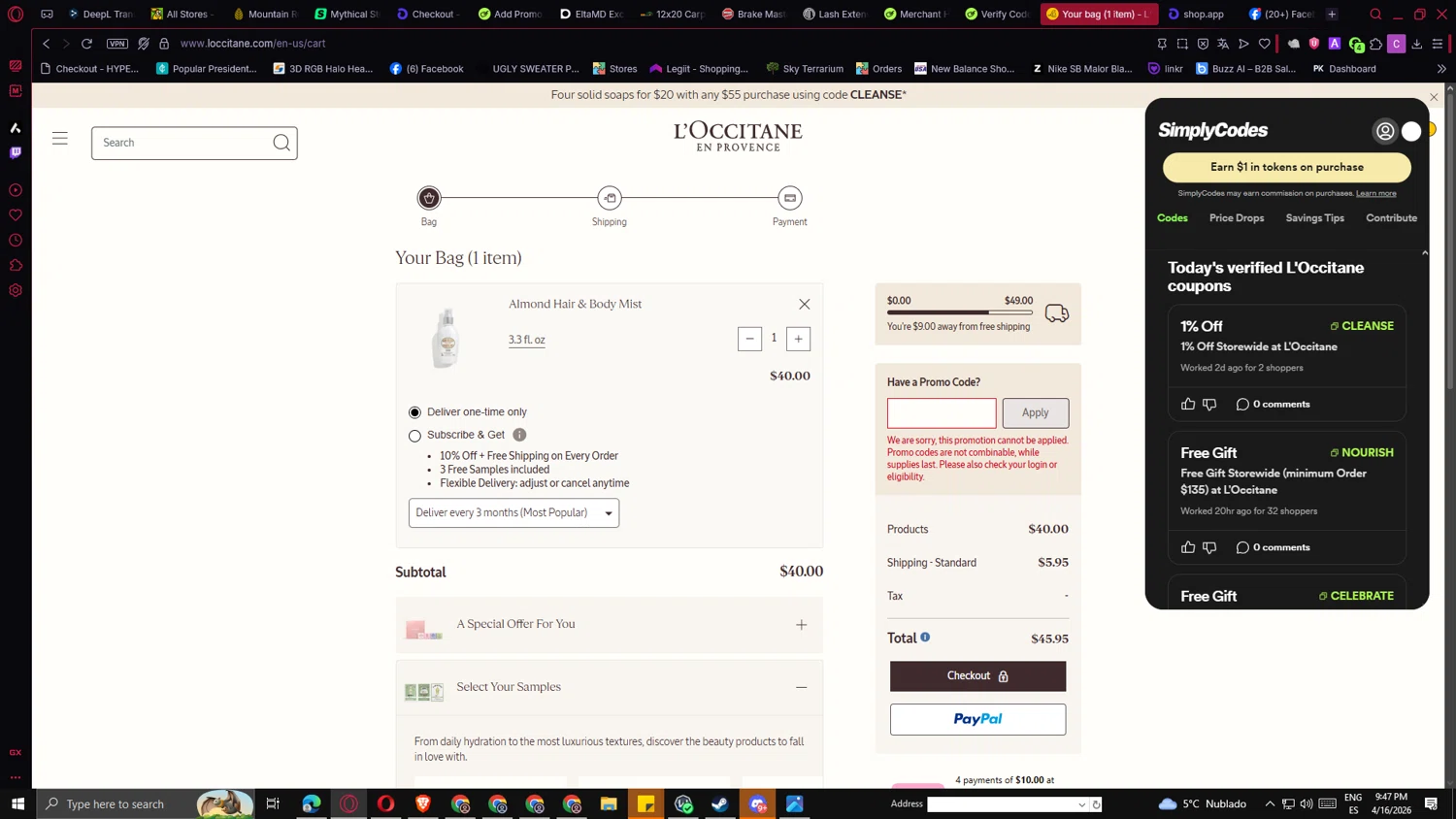 Verification screenshot for Free Shipping Storewide at L'Occitane — 52d ago