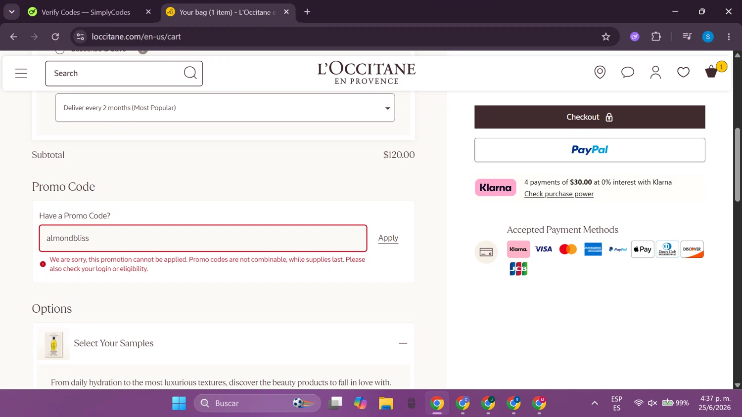 Verification screenshot for Free Body Care on (storewide) (minimum Order: $105) at L'occitane Storewide at L'Occitane - 38d ago