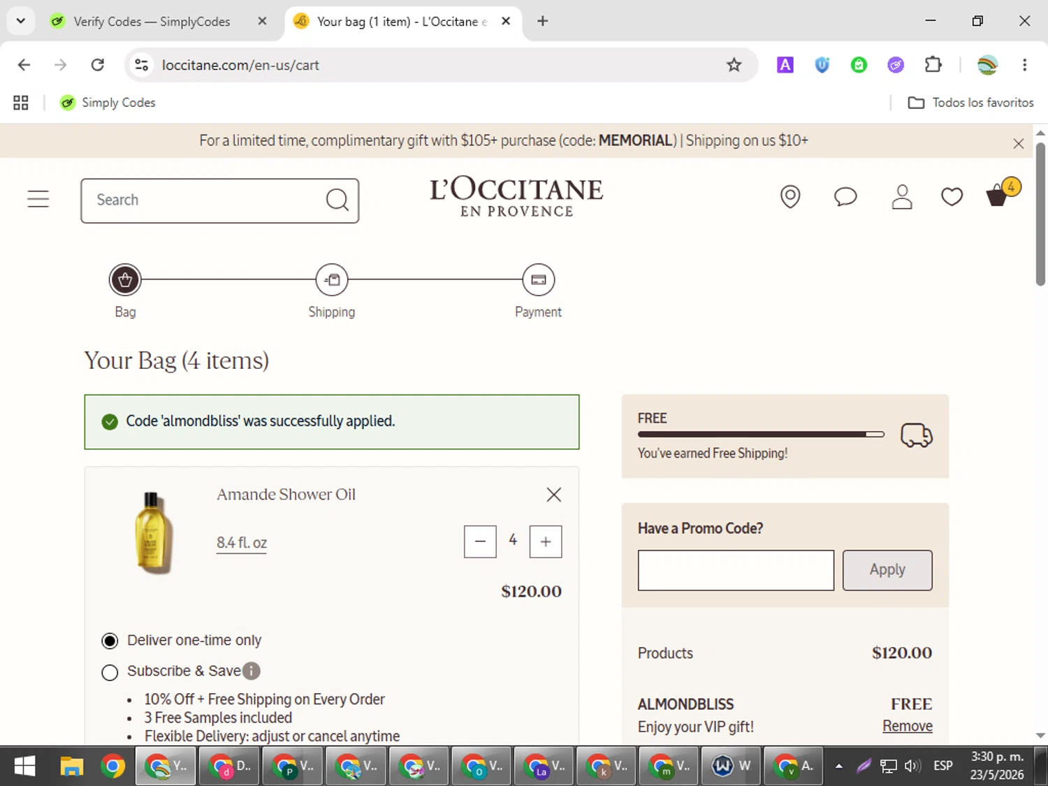 Verification screenshot for Free Body Care On (Storewide) (Minimum Order: $105) At L'occitane Storewide at L'Occitane at L'Occitane — 16d ago