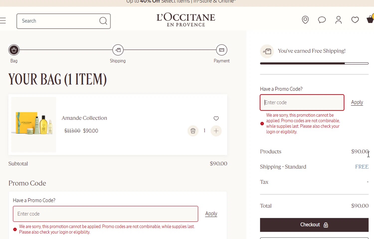 Verification screenshot for Free Body Care On (Storewide) (Minimum Order: $105) At L'occitane Storewide at L'Occitane at L'Occitane — 5d ago