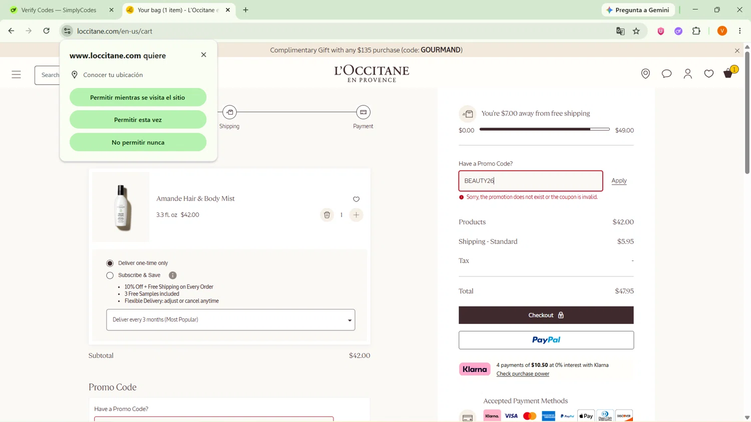 Verification screenshot for 50% Off En Los Esenciales De Almendra at L'Occitane - 44d ago