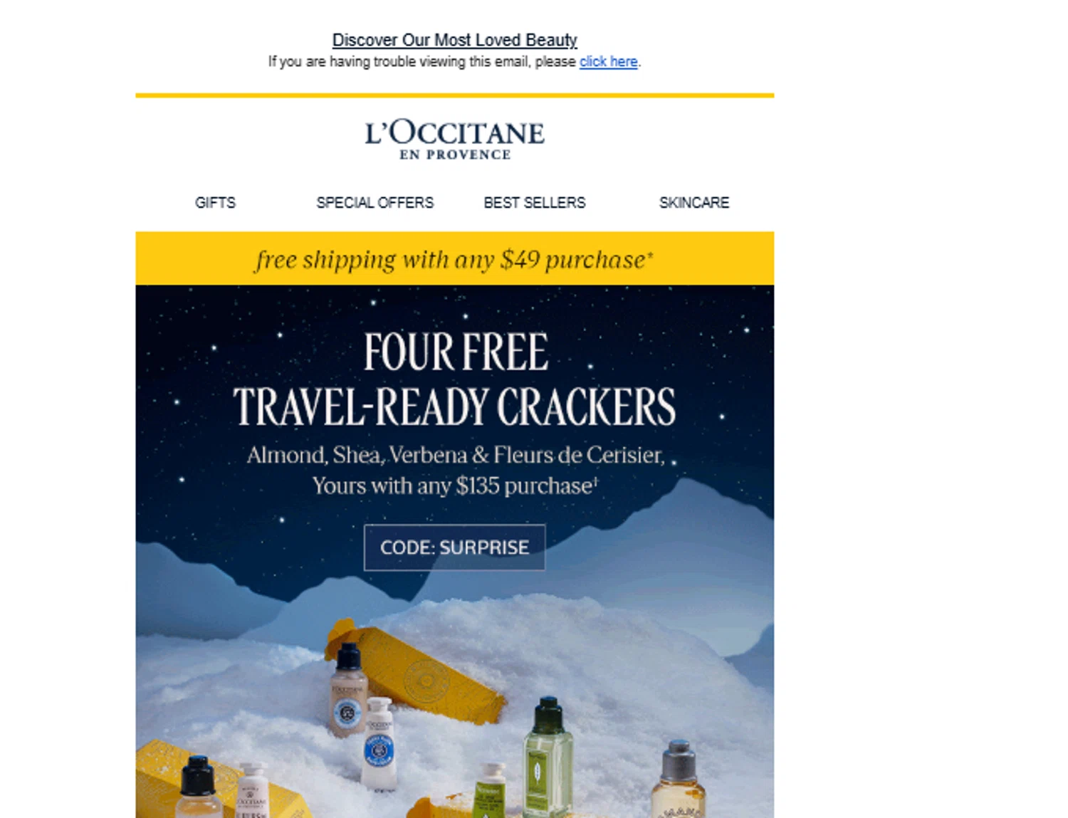 L'Occitane discount code screenshot showing code SURPRISE applied at L'Occitane checkout page. Uploaded by SimplyCodes community member Aresss on Dec 5, 2025